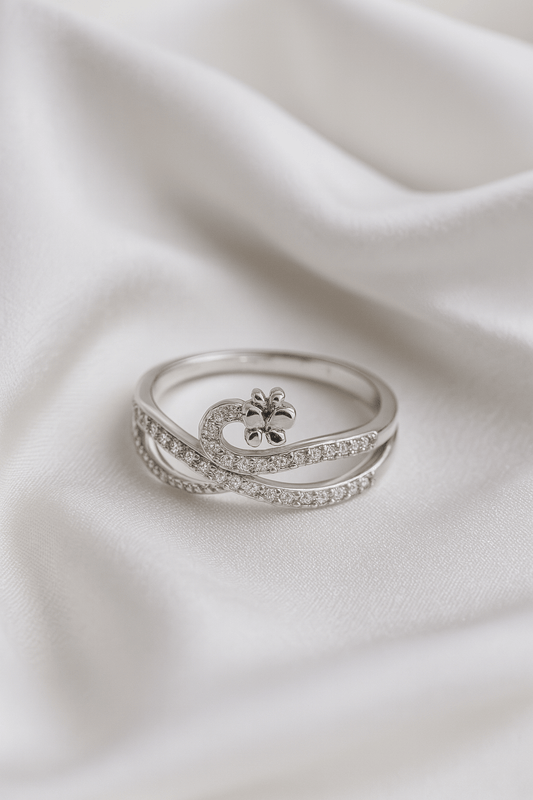 Moonlit Blossom – Curved Silver Flower Ring - My Store