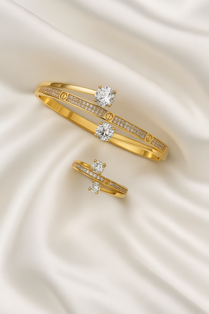 Luxury 18K Gold-Plated Diamond Bangle & Ring Set