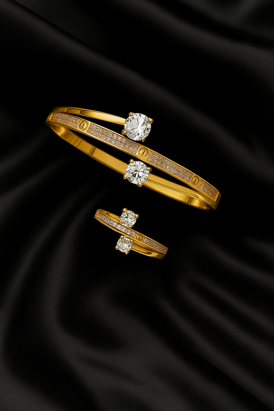 Luxury 18K Gold-Plated Diamond Bangle & Ring Set