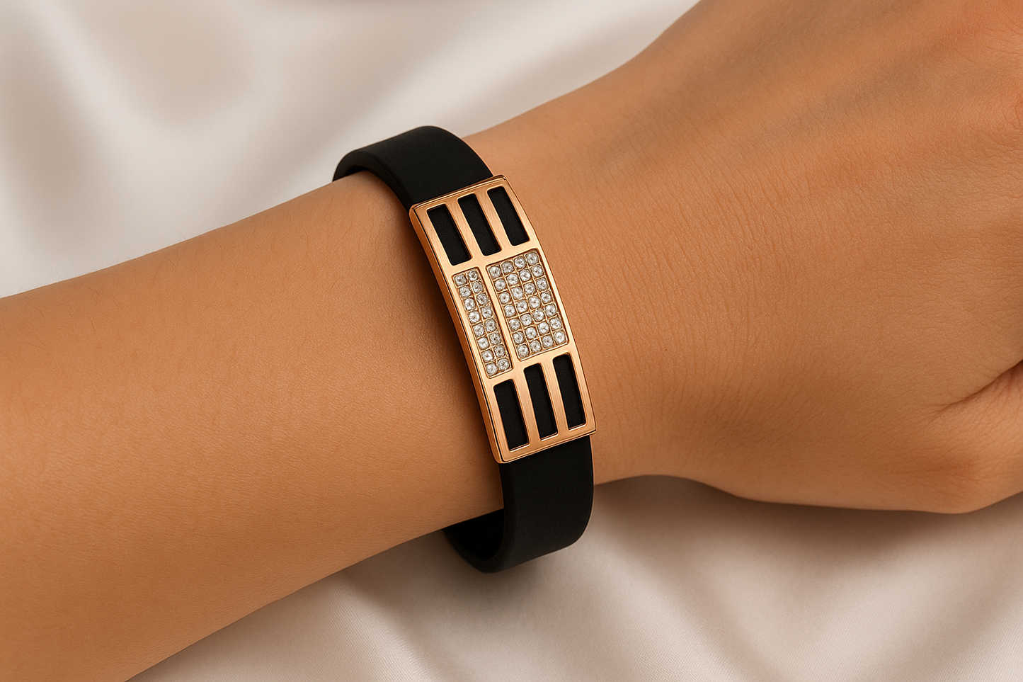 Luxury Black Silicone & Rose Gold-Plated Crystal Bracelet