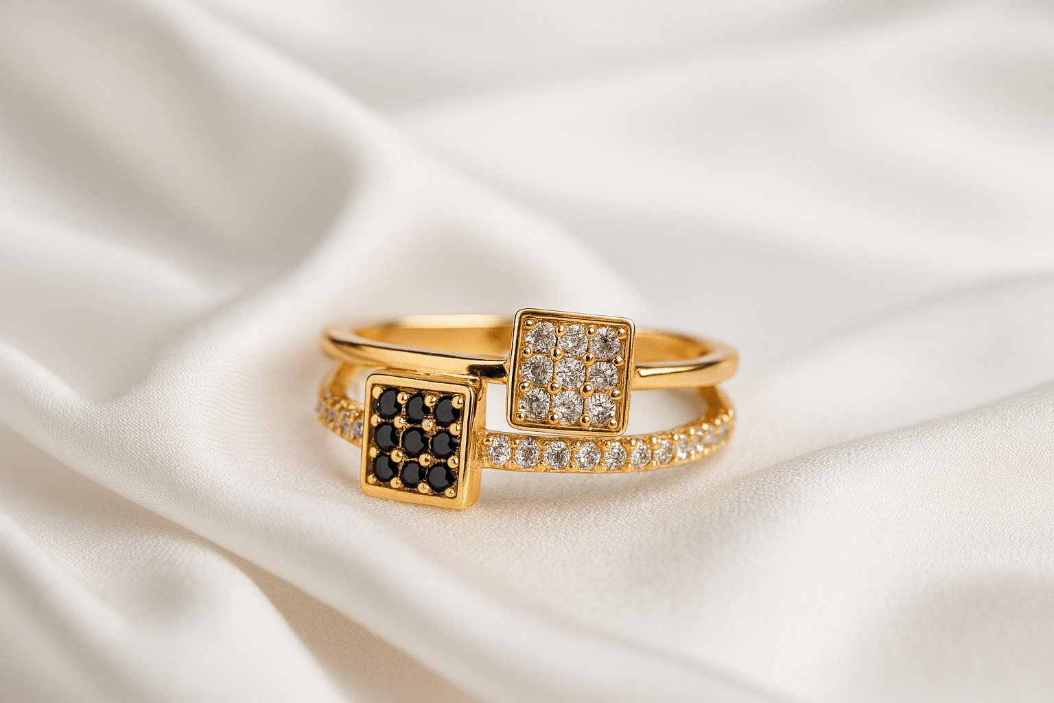 Dual Dazzle: Black & White Stone Designer Ring - My Store