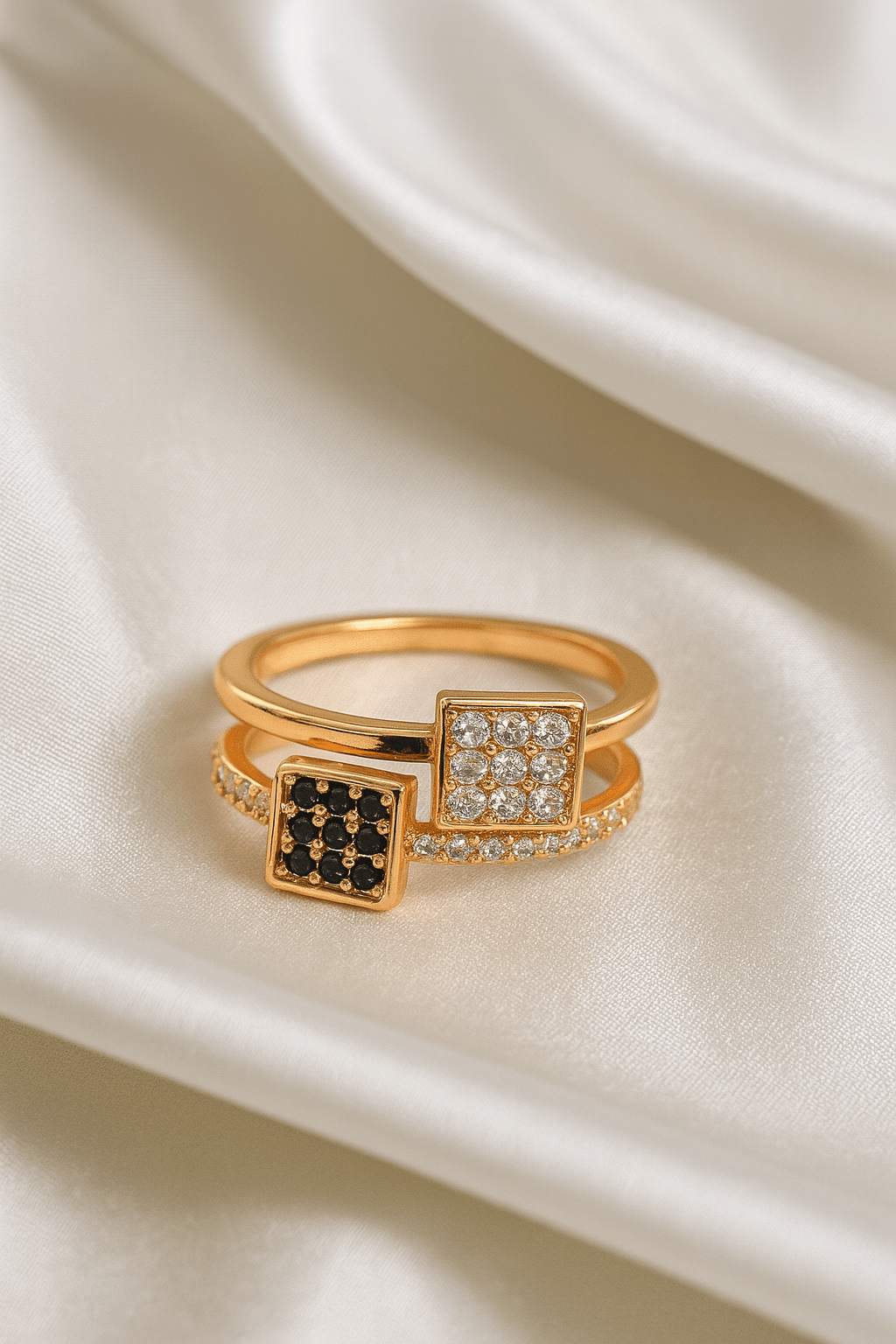 Dual Dazzle: Black & White Stone Designer Ring - My Store