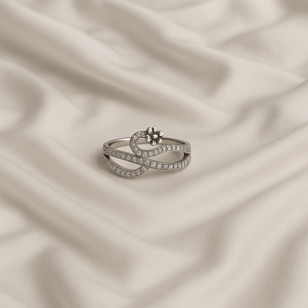 Moonlit Blossom – Curved Silver Flower Ring - My Store