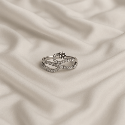 Moonlit Blossom – Curved Silver Flower Ring - My Store