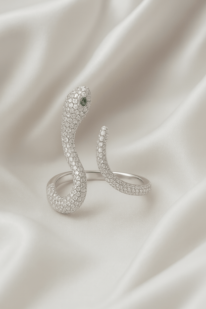 Serpent of Grace" Diamond Ring – Sterling Elegance with Emerald Eyes - My Store